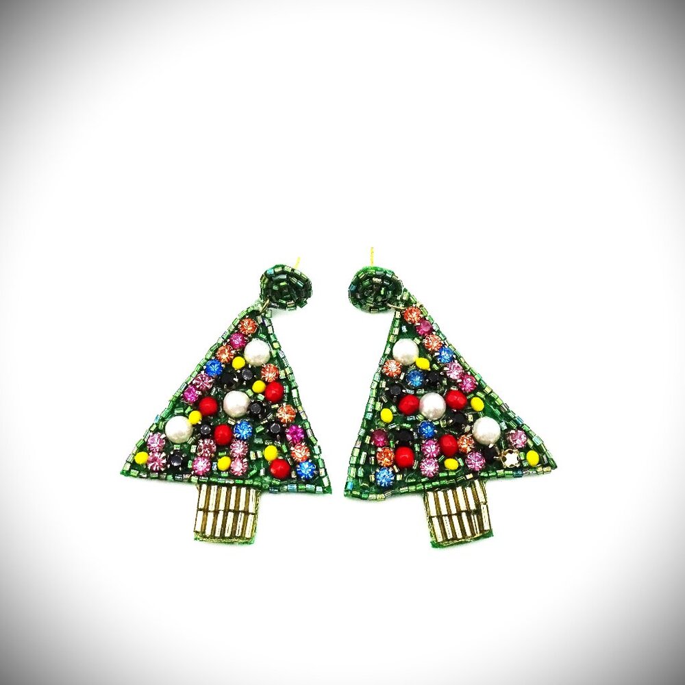 PANACEA Christmas Tree Faux Pearls & Multi Color Beads Danlge Earrings